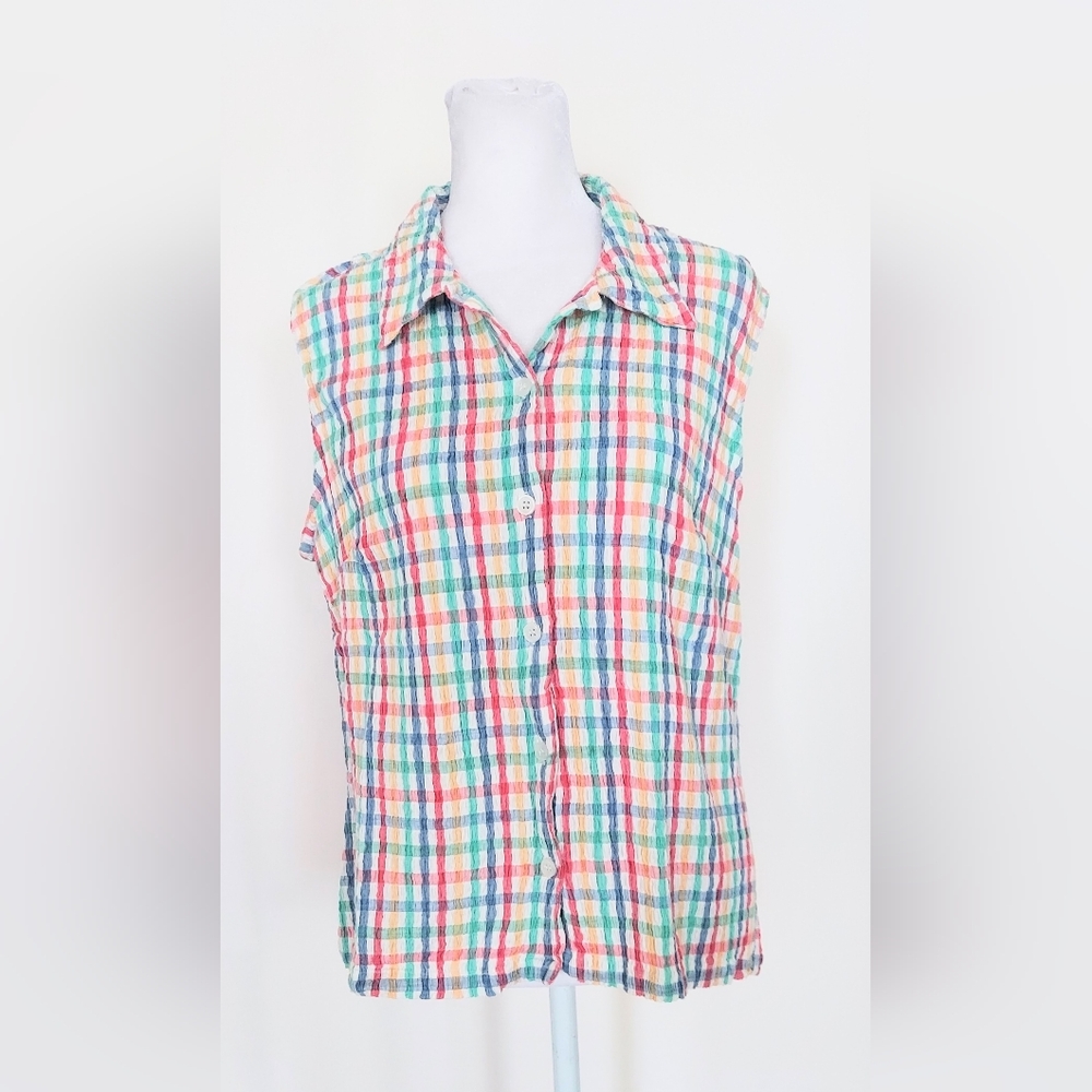Lemon Grass Studio Sleeveless Plaid Button Down Top Size Large